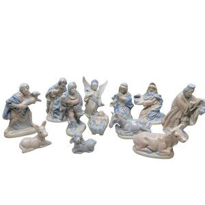 12 Piece Nativity Scene Pastel Blue White Christmas Porcelain‎ Enchanted Forest